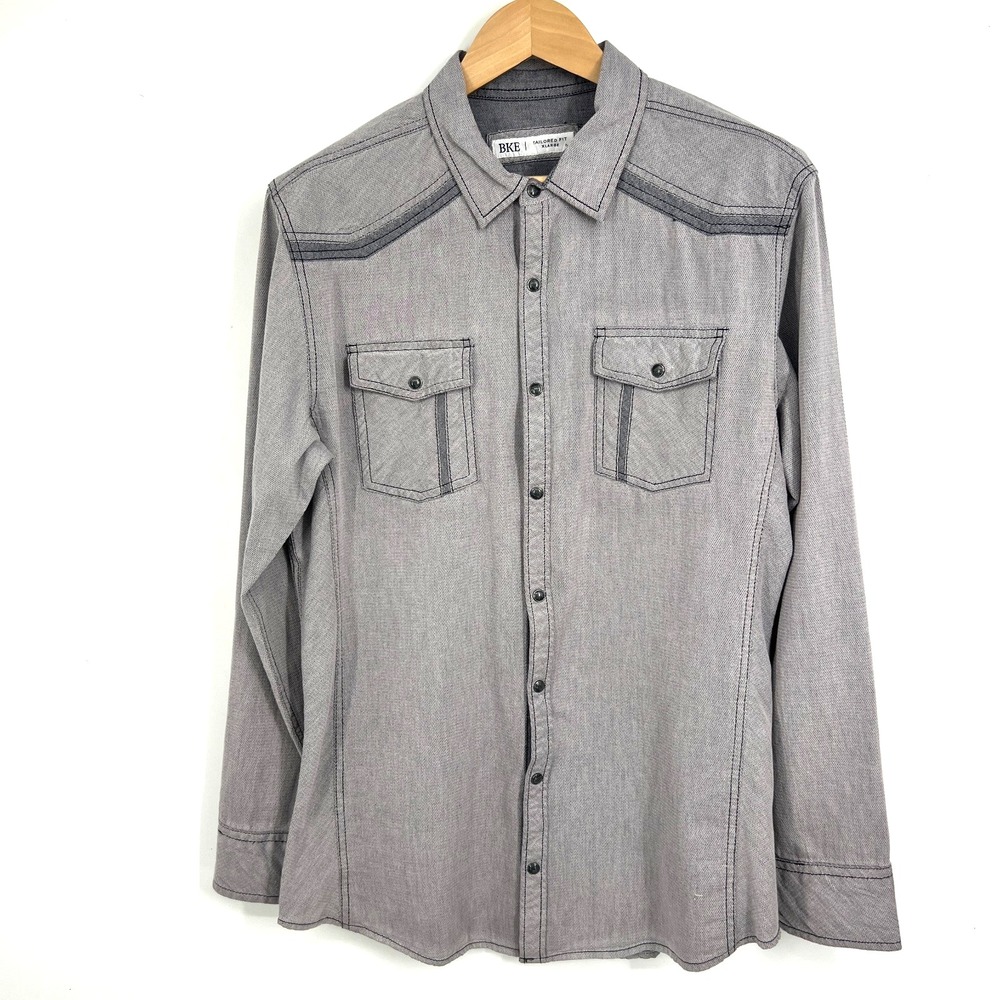 BKE Solid Tailored Fit Button Up Long Sleeve Shirt Mens XL Grey White 100%Cotton